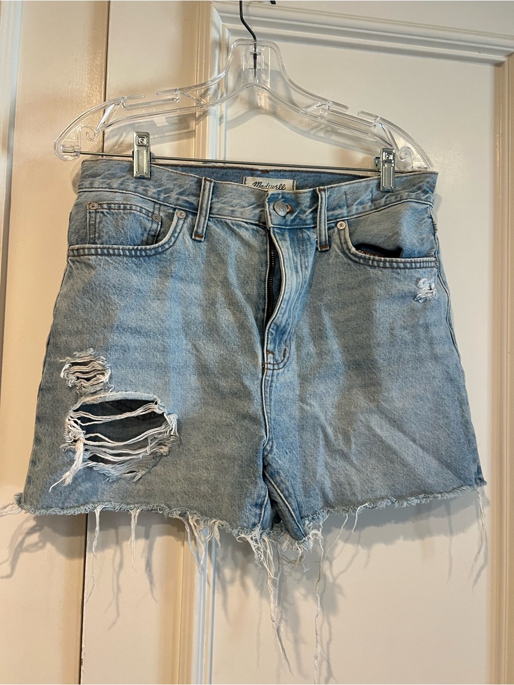 Madewell Light Wash Distressed High-Rise mom Jean Shorts